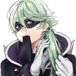  1boy ascot black_ascot black_jacket black_ribbon brushing_hair delicious_party_precure domino_mask gloves green_hair hair_between_eyes hair_down hand_in_own_hair highres jacket long_hair looking_at_viewer male_focus mask mouth_hold narcistoru precure purple_eyes ribbon simple_background solo spikes supportasse teeth upper_body upper_teeth white_background white_gloves yufu_kyouko 