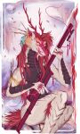  abstract_background anthro art_nouveau asian_mythology biceps dragon east_asian_mythology eastern_dragon fantasy female guitar hair hi_res horn hynvale iavyaling_li_hua jewelry katana licking looking_at_viewer melee_weapon muscular muscular_thighs musical_instrument mythology pinup plucked_string_instrument portrait pose red_body red_hair solo string_instrument surreal sword tan_body tongue tongue_out weapon yellow_eyes 
