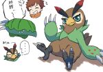  anthro bandai_namco beak blue_eyes brown_body brown_feathers claws digimon digimon_(species) digimon_survive duo falcomon falcomon_(survive) feathers grin human japanese_text male mammal minoru_hyuga mofumi_corvus smile talons text wings 