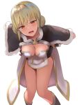  1girl bangs blonde_hair boots breasts brown_cape brown_dress brown_footwear brown_gloves cape cleavage commentary_request double_bun dress feet_out_of_frame fur-trimmed_cape fur-trimmed_gloves fur_trim gloves hair_bun high_wizard_(ragnarok_online) highres kathryne_keyron layered_dress leaning_forward looking_at_viewer medium_breasts open_mouth ragnarok_online red_eyes sail_(sail-away) short_dress short_hair simple_background solo two-tone_dress white_background white_dress 