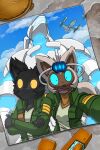  2017 absurd_res aircraft airship anthro arm_around_neck back_cover black_body black_fur black_pupils blue_eyes blue_sky brown_body brown_fur clothed clothing cloud colored comic cover crossed_arms day duo female fur green_clothing grey_body grey_fur headgear headwear hi_res hookturn_(kitfox-crimson) in_our_shadow jayrunner_(kitfox-crimson) kitfox-crimson lemur machine male mammal mecha open_mouth open_smile outside photo primate pupils selfie sky smile strepsirrhine yellow_eyes 