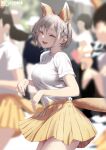  ^_^ animal_ears blurry blurry_background breasts closed_eyes commentary_request fake_animal_ears grey_hair hair_ornament jonsun medium_breasts open_mouth original riku_(jonsun) shirt short_hair short_sleeves skirt smile solo_focus t-shirt thighs twitter_username white_shirt x_hair_ornament yellow_skirt 