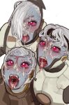  3girls ahegao armor blue_skin blush breastplate colored_sclera colored_skin cum cum_in_mouth cum_on_hair cum_on_tongue facial fangs hair_over_one_eye heart heart-shaped_pupils mossacannibalis multiple_girls one_eye_covered open_mouth red_eyes red_sclera short_hair simple_background symbol-shaped_pupils t&#039;au tongue tongue_out warhammer_40k white_background white_hair 