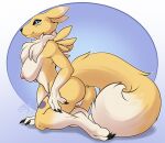  anthro bandai_namco big_breasts black_claws blue_eyes breasts claws digimon digimon_(species) female firefly8083 fluffy fluffy_tail genitals looking_at_viewer neck_tuft pose pussy renamon smile solo solo_focus tattoo tuft wide_hips 