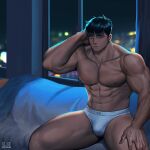  1boy abs arm_behind_head bangs bara bed black_hair briefs bulge closed_eyes closed_mouth highres indoors large_pectorals male_focus male_underwear muscular muscular_male navel night nipples odol_illust on_bed original pectorals short_hair sitting sitting_on_bed solo thick_thighs thighs underwear white_male_underwear window 