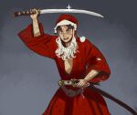  1boy fake_beard fake_facial_hair hat highres holding holding_sword holding_weapon japanese_clothes katana kimono long_sleeves looking_at_viewer male_focus mossacannibalis open_mouth original pun red_headwear red_kimono samurai santa_claus santa_hat scabbard scar scar_on_face sheath solo sweat sword unsheathed weapon 