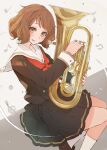  1girl bana_(stand_flower) blush brown_eyes brown_hair brown_shirt brown_skirt eighth_note euphonium hands_up hibike!_euphonium highres holding holding_instrument instrument kitauji_high_school_uniform long_sleeves looking_at_viewer musical_note neckerchief open_mouth oumae_kumiko pleated_skirt quarter_note red_neckerchief sailor_collar school_uniform serafuku shirt short_hair sitting skirt smile socks solo uniform white_sailor_collar white_socks 