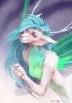  anthro blue_body canid canine canis dragon female flying hair hi_res horn hybrid insect_wings jewelry juno_(viktorlyovkin) long_hair looking_at_viewer mammal pea2 solo viktorlyovkin white_body wings wolf 