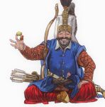  1boy arrow_(projectile) beard bow_(weapon) cleft_chin closed_eyes facial_hair facing_viewer food grin hat highres holding holding_food indian_style janissary male_focus mossacannibalis mustache original pants plume quiver red_pants scabbard sheath simple_background sitting smile solo weapon white_background 
