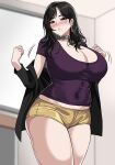  1girl bangs black_hair black_jacket blurry blurry_background blush breasts choker cleavage commentary covered_navel earrings hella_p highres huge_breasts indoors jacket jewelry long_hair long_sleeves looking_at_viewer mole mole_under_eye mole_under_mouth nose_blush open_clothes open_jacket original parted_lips purple_shirt shirt short_shorts shorts solo symbol-only_commentary undressing yellow_shorts 