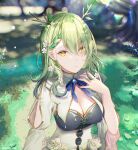  1girl absurdres bangs braid branch breasts brocollie ceres_fauna cleavage dress flower forest grass green_hair hair_flower hair_ornament highres hololive hololive_english horns leaf looking_at_viewer medium_breasts medium_hair nail_polish nature outdoors sunlight tight tight_dress virtual_youtuber water wavy_hair yellow_eyes 