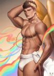  1boy abs artist_name bara black_hair bracelet briefs bulge closed_mouth golden_wings jewelry large_pectorals laurel_crown looking_at_viewer male_focus male_underwear muscular muscular_male navel nipples odol_illust original pectorals rainbow short_hair solo underwear white_male_underwear wings 