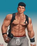  1boy abs artist_name bandaged_hand bandages bara black_hair closed_mouth cup disposable_cup gradient gradient_background grey_pants highres holding holding_cup large_pectorals male_focus male_underwear male_underwear_peek muscular muscular_male navel nipples odol_illust original pants pectorals short_hair simple_background smile solo topless_male underwear 