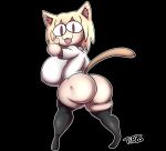  absurd_res animal_humanoid big_breasts big_butt blonde_hair breasts brown_eyes butt cat_humanoid clothing felid felid_humanoid feline feline_humanoid female footwear gesture hair hi_res huge_breasts humanoid inner_ear_fluff knee_highs knee_socks legwear looking_at_viewer looking_back mammal mammal_humanoid neco-arc nipple_outline open_mouth shirt socks solo thick_thighs thumbs_up tibbs topwear tuft white_body white_skin 