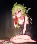  2girls amber_(genshin_impact) babydoll bare_legs bare_shoulders barefoot between_legs blush breasts collei_(genshin_impact) earrings female_masturbation female_pervert genshin_impact green_hair hair_ribbon hand_between_legs heart highres jewelry love_letter masturbation mochikushi multiple_girls open_mouth pervert photo_(object) picture_(object) purple_eyes red_ribbon ribbon small_breasts smelling smile strap_slip sweat 