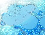  anthro belly bulge canid canine canis domestic_dog eyebrows eyes_closed halu_1129 hi_res lifewonders male mammal moritaka musclegut navel nipples partially_submerged pecs scar smile solo thick_eyebrows tokyo_afterschool_summoners video_games water 