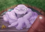  3_fingers ambiguous_gender banana_peel barrel feral fingers generation_1_pokemon goo_creature hako hi_res looking_at_viewer muk nintendo open_mouth outside pokemon pokemon_(species) purple_body sludge smile solo toxic_waste video_games 