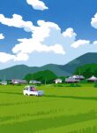  absurdres antennae blue_sky building cloud day grass ground_vehicle highres hyogonosuke motor_vehicle mountain no_humans outdoors pokemon pokemon_(creature) scenery sitting sky solo truck venonat 