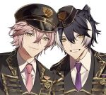  2boys animal_ears bangs black_hair black_headwear black_jacket black_vest collared_shirt crossed_bangs earrings eyes_visible_through_hair garrison_cap green_eyes grin hair_between_eyes hat highres holostars jackal_boy jackal_ears jacket jewelry kageyama_shien looking_at_viewer male_focus medal mstarsgasuki multicolored_hair multiple_boys necktie official_alternate_costume peaked_cap pink_hair pink_necktie purple_necktie rikka_(holostars) shirt short_hair simple_background smile two-tone_hair upper_body vest virtual_youtuber white_background white_hair white_shirt 