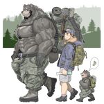  anthro axe backpack beard belt big_muscles big_pecs big_penis black_bear black_body black_fur black_hair body_hair boots bottomwear brown_hair cargo_pants chan_kiti_chan_(artist) chest_hair clothing crescent_(shape) facial_hair facial_scar family father father_and_child father_and_son footwear fur genitals group hair hat headgear headwear hi_res hiking human human_on_anthro interspecies jacket larger_anthro larger_male male male/male mammal map melee_weapon muscular muscular_anthro muscular_male navel pants parent parent_and_child pecs penis penis_through_fly plant poking_out pubes scar shirtless shirtless_male size_difference smaller_human smaller_male son topwear tree trio unzipped unzipped_pants ursid ursine weapon 