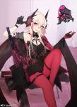  1girl absurdres assault_rifle black_dress black_gloves blonde_hair breasts cup dress drinking_glass girls&#039;_frontline gloves gun headgear highres holding holding_cup m4_sopmod_ii m4_sopmod_ii_(devourer_of_the_feast)_(girls&#039;_frontline) m4_sopmod_ii_(girls&#039;_frontline) mechanical_arms mechanical_hands multicolored_hair red_eyes red_hair rifle single_glove single_mechanical_arm single_mechanical_hand sitting small_breasts streaked_hair swimsuit thigh_strap weapon wine_glass wuwuwu_(kriswu555) 