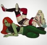  2girls asymmetrical_footwear asymmetrical_legwear batman_(series) belt black_footwear black_shorts black_thighhighs blonde_hair blue_eyes colored_sclera colored_skin crossed_legs dc_comics eyeshadow fingernails gradient_hair green_eyes green_pants green_skin harley_quinn harley_quinn_(cartoon) highres lipstick long_hair makeup midriff mismatched_footwear mismatched_legwear mossacannibalis multicolored_hair multiple_girls nail_polish pants poison_ivy red_footwear red_hair red_lips red_nails red_thighhighs shoes short_shorts shorts simple_background smile thighhighs twintails white_background white_belt wide-eyed yellow_sclera 