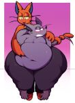  anthro atsuinekowo belly belly_grab big_belly blush bottomwear clothing coiled_tail domestic_cat duo embarrassed felid feline felis fur grey_body grey_fur groping_belly heart_(mad_rat_dead) hi_res mad_rat_(character) mad_rat_dead male male/male mammal murid murine navel overweight pants rat red_body red_fur rodent shirtless wide_hips 