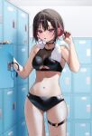  1girl bangs bare_arms bare_shoulders black_choker black_hair blush breasts chigusa_minori choker cowboy_shot hair_ornament highres locker locker_room looking_at_viewer medium_breasts multicolored_hair original parted_lips purple_hair shirayuki_ren short_hair solo thigh_strap thighs wet 