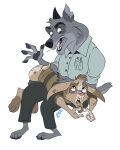  anthro boyfriends canid canine canis clothed clothing corporal_punishment duo fur hi_res lagomorph leporid male male/male mammal punishment rabbit simple_background spanking sweater topwear wolf 