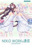  2girls alternate_costume animal_ear_fluff animal_ears bare_shoulders blue_eyes bouquet breasts brown_eyes brown_hair cat_ears cat_girl cat_tail chocola_(nekopara) commentary_request detached_collar dress elbow_gloves eye_contact face-to-face flower gloves hair_flower hair_ornament heart_tail_duo highres holding holding_bouquet long_hair looking_at_another low_twintails multiple_girls nekopara official_art sayori_(neko_works) small_breasts strapless strapless_dress tail twintails vanilla_(nekopara) very_long_hair wedding_dress white_dress white_gloves white_hair yuri 