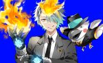  1boy akke_(akke299) animal aqua_hair bird black_hairband black_headwear black_jacket black_necktie blonde_hair blue_background blush_stickers clothed_animal collared_shirt cosplay fire gloves gradient_hair grey_hair grin hair_over_one_eye hairband indie_virtual_youtuber jacket jewelry katekyo_hitman_reborn! lapel_pin looking_at_viewer male_focus mole mole_under_eye multicolored_hair necktie orange_eyes pendant reborn reborn_(cosplay) ring sawada_tsunayoshi sawada_tsunayoshi_(cosplay) sharp_teeth shirt short_hair simple_background smile solo streaked_hair suit_jacket teeth toucan upper_body utai_meika virtual_youtuber white_shirt x_gloves_(reborn) 