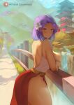  1girl araneesama architecture ass bare_back breasts dress east_asian_architecture flower hair_flower hair_ornament highres huge_breasts leaning_on_rail light_purple_hair looking_to_the_side medium_hair mountain orange_eyes original outdoors pagoda paid_reward_available patreon_username railing sleeveless sleeveless_dress smile solo spaghetti_strap strap_gap stream sunlight thick_thighs thighs water waterfall 