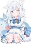  1girl :3 :q absurdres animal_ear_fluff animal_ears animal_hands apron bell blue_bow blue_dress blue_eyes blue_hair blush bow cat_ears closed_mouth collared_dress commentary_request dress feet_out_of_frame fish_tail frilled_apron frills gawr_gura gloves grey_hair hair_ornament highres hololive hololive_english jingle_bell long_hair looking_at_viewer maid_headdress mokyuko multicolored_hair neck_bell paw_gloves pink_bow puffy_short_sleeves puffy_sleeves shark_tail short_sleeves simple_background sitting smile solo streaked_hair tail tongue tongue_out two_side_up virtual_youtuber white_apron white_background white_footwear 