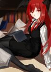  1girl accident bat_wings black_pantyhose book book_stack bookshelf from_above head_wings highres holding holding_book koakuma long_hair long_sleeves necktie open_book pantyhose rachael_(akmj8455) reading red_eyes red_hair shirt sitting skirt solo touhou vest wariza wings 