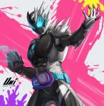  1boy absurdres armor asymmetrical_armor black_armor blue_eyes bodysuit clenched_hand commentary commentary_request compound_eyes cowboy_shot demon_boy driver_(kamen_rider) dutch_angle full_body helmet highres ink kamen_rider kamen_rider_jack_revice kamen_rider_revi kamen_rider_revice male_focus monsterification official_alternate_costume paint_splatter revice_driver rider_belt rolling_vistamp sharp_teeth shoulder_armor signature simple_background spiked_armor splatter_print teeth tokusatsu unique_(pixiv12704744) weapon white_background 