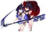  2girls bad_source bare_legs blue_eyes dress hair_ornament holding holding_weapon honkai_(series) looking_at_viewer multicolored_hair multiple_girls official_alternate_costume official_art red_eyes seele_(alter_ego) seele_vollerei seele_vollerei_(stygian_nymph) short_hair smile transparent_background two-tone_hair weapon 