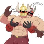  armor breast_grab breasts bulge clothed clothing dialogue grope hand_on_breast headgear helmet humor knight large_pecs male male/male muscular muscular_male nipples topless ttbrizzy warrior 