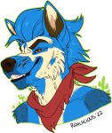  alpha_channel anthro black_lips blue_body blue_ears blue_fur blue_kerchief blue_neckerchief brown_eyebrows brown_inner_ear_fluff bust_portrait canid cheek_tuft eyebrows facial_tuft fangs fur hi_res inner_ear_fluff kerchief lips male mammal narrowed_eyes neckerchief orange_eyes portrait rayliicious simple_background solo tan_body tan_fur transparent_background tuft 