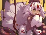  1girl chocolate claws cookie dark_skin doughnut eating extra_arms faputa fewer_digits food food_on_face highres jj33jj55 made_in_abyss monster_girl multiple_tails navel solo sprinkles standing tail very_dark_skin white_fur yellow_eyes 