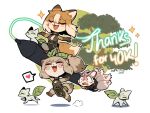  2girls :3 :d animal_ears blush_stickers boko_(sui_(suizilla)) brown_dress china_dress chinese_clothes clinging closed_eyes creature dress fang fox fox_ears fox_tail furry furry_female milestone_celebration multiple_girls noko_(sui_(suizilla)) open_mouth original outstretched_arms pelvic_curtain raccoon_ears raccoon_tail signature sitting smile spread_arms stylus sui_(suizilla) tail tamiko_(sui_(suizilla)) thank_you tree u_u wide_sleeves 