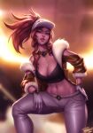  1girl absurdres akali arm_on_knee baseball_cap black_shirt breasts brown_eyes brown_hair brown_jacket cleavage crop_top english_commentary gloves hair_through_headwear hat highres jacket k/da_(league_of_legends) k/da_akali large_breasts league_of_legends leaning_forward looking_at_viewer midriff navel open_clothes open_jacket pants parted_lips personal_ami ponytail shirt signature thumb_in_beltline white_gloves white_headwear white_pants 