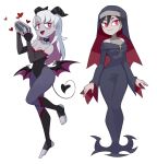  2girls :3 :d bags_under_eyes black_choker black_gloves black_hair breasts choker cleavage cocktail_shaker colored_inner_hair demon_horns demon_tail demon_wings dress elbow_gloves fang gloves grey_dress grey_pantyhose heart heart_pendant highres horns long_dress long_sleeves looking_at_viewer lovesick_succubus_(sui_(suizilla)) low_wings medium_breasts multicolored_hair multiple_girls nun off-shoulder_dress off_shoulder open_mouth original pantyhose pink_hair red_eyes simple_background smile standing standing_on_one_leg stirrup_legwear sui_(suizilla) tail toeless_legwear vampire veil white_background white_hair wings 