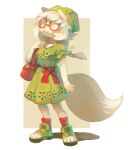  1girl :3 absurdres animal_ears bag beanie bow braid closed_mouth colored_skin commentary contrapposto dress english_commentary full_body furry furry_female glasses green_dress green_headwear hat highres original red_bow round_eyewear sandals shoulder_bag signature smile solo standing sui_(suizilla) tail white_hair white_skin 