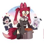  3girls :d animal_ear_fluff animal_ears black-framed_eyewear black_choker black_thighhighs bob_cut cauldron choker closed_eyes colored_inner_hair demon_horns dress drooling fangs fox_ears fox_tail glasses grey_dress habit hairband heart_pendant highres horns long_hair long_sleeves lovesick_succubus_(sui_(suizilla)) mouth_drool multicolored_hair multiple_girls obi opaque_glasses open_mouth original own_hands_together purple_eyes red_hair red_hairband round_eyewear sash short_hair smile solo_focus sui_(suizilla) tail thighhighs twintails white_hair 