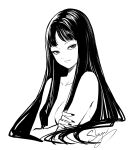  1girl artist_name breasts character_request collarbone copyright_request hair_censor highres long_hair looking_at_viewer medium_breasts mole mole_under_eye monochrome nail_polish nude sheya signature simple_background smile solo upper_body very_long_hair white_background 