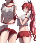  1girl ahoge ass azur_lane bangs black_bra blush bra bra_visible_through_clothes breasts buruma collarbone highres honolulu_(azur_lane) large_breasts long_hair looking_at_viewer multiple_views navel ponytail red_buruma red_eyes red_hair satou_aji shirt short_sleeves thighs underwear very_long_hair white_background white_shirt 