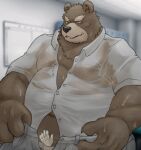  2022 absurd_res anthro belly belly_rub big_belly bodily_fluids brown_body brown_fur clothing detailed_background duo fur hi_res humanoid_hands inside kemono male mammal overweight overweight_male plus-alpha shirt solo_focus sweat topwear ursid 