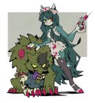  1girl :3 bare_arms bare_shoulders brown_thighhighs closed_mouth colored_sclera colored_skin dress furry furry_female green_hair green_skin hat high_heels highres holding holding_syringe long_hair looking_at_viewer multicolored_skin nurse nurse_cap original red_eyes shoes short_dress smile solo sui_(suizilla) syringe thighhighs torn_thighhighs two-tone_skin very_long_hair white_dress white_footwear white_skin wolf yellow_sclera zombie 