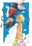  1boy 1girl arms_behind_back bag black_bow black_ribbon black_shorts blonde_hair bow braid brown_hair chinese_clothes floating fong_pudding groceries holding holding_bag midriff multiple_braids nuka_(nukamochi) pointy_ears ribbon short_hair short_twintails shorts sky tart_(tokyo_mew_mew) tokyo_mew_mew twintails upside-down 