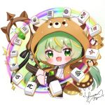  1girl :3 :d animal blush chibi green_eyes green_hair highres hood hood_up long_hair looking_at_viewer mahjong mahjong_soul mahjong_tile red_panda red_panda_girl red_panda_hood shirt signature skirt smile solo staff white_background white_shirt yuasaayu yuzu_(mahjong_soul) 